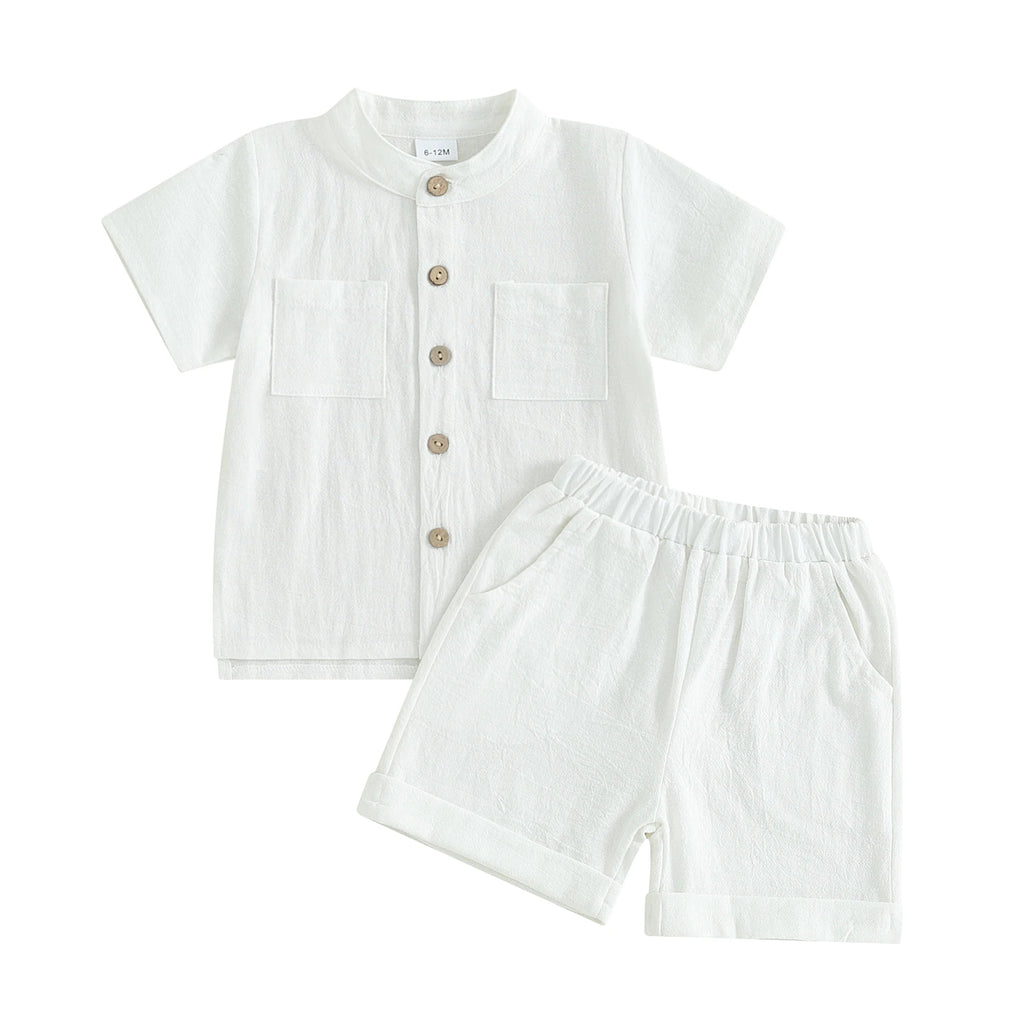 Kids Baby Boys Summer Cotton Linen Solid Short Sleeve Buttons Tops and Elastic Waist Shorts Set 2Pcs Infants Clothing