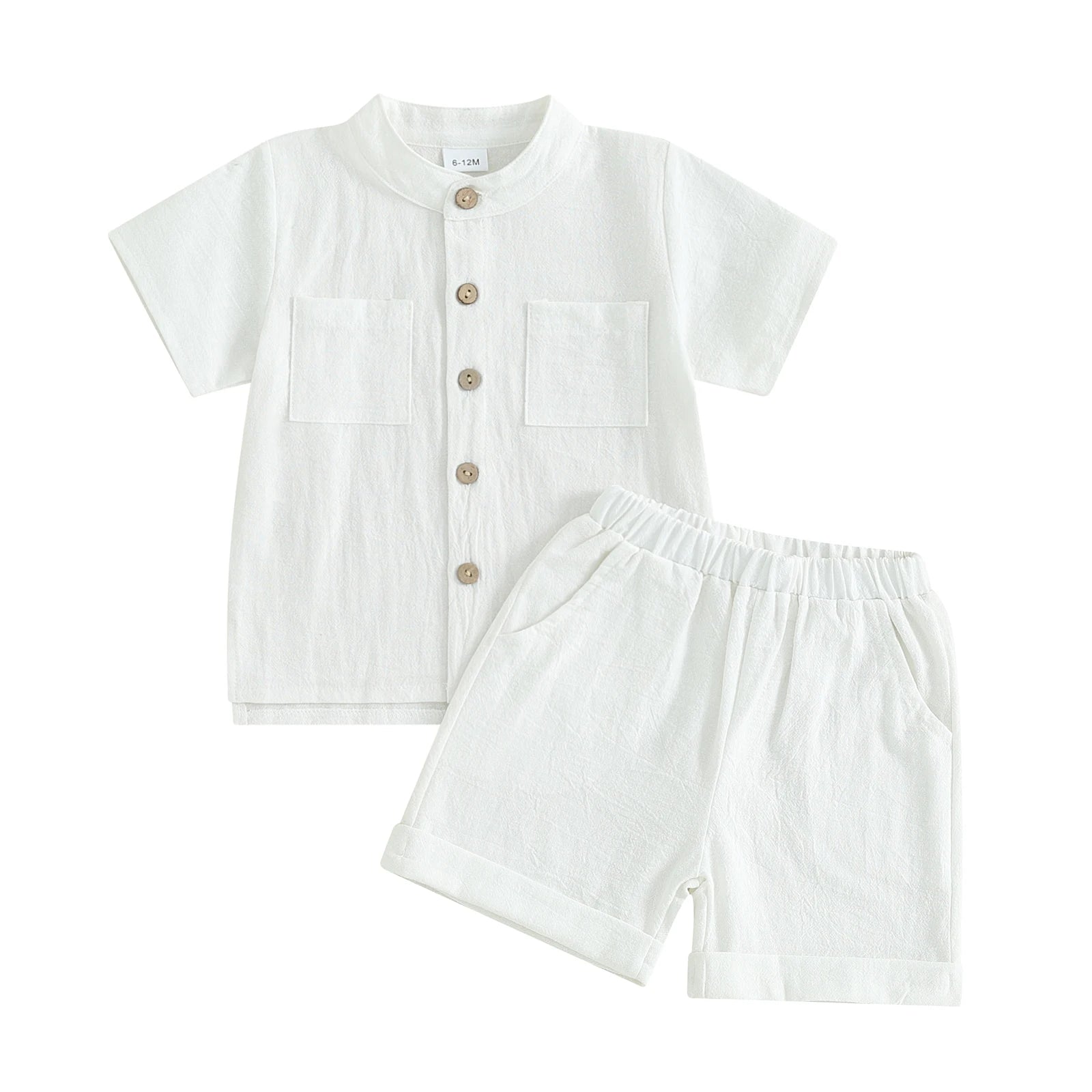 Kids Baby Boys Summer Cotton Linen Solid Short Sleeve Buttons Tops and Elastic Waist Shorts Set 2Pcs Infants Clothing
