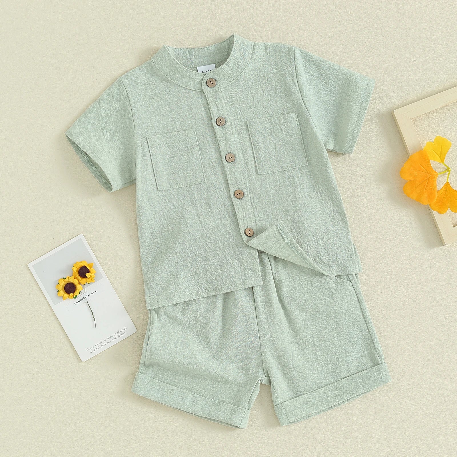 Kids Baby Boys Summer Cotton Linen Solid Short Sleeve Buttons Tops and Elastic Waist Shorts Set 2Pcs Infants Clothing