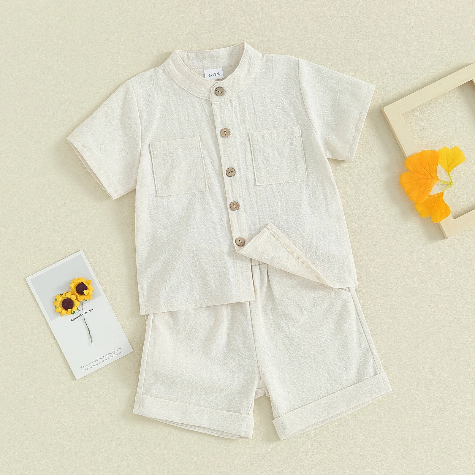 Kids Baby Boys Summer Cotton Linen Solid Short Sleeve Buttons Tops and Elastic Waist Shorts Set 2Pcs Infants Clothing
