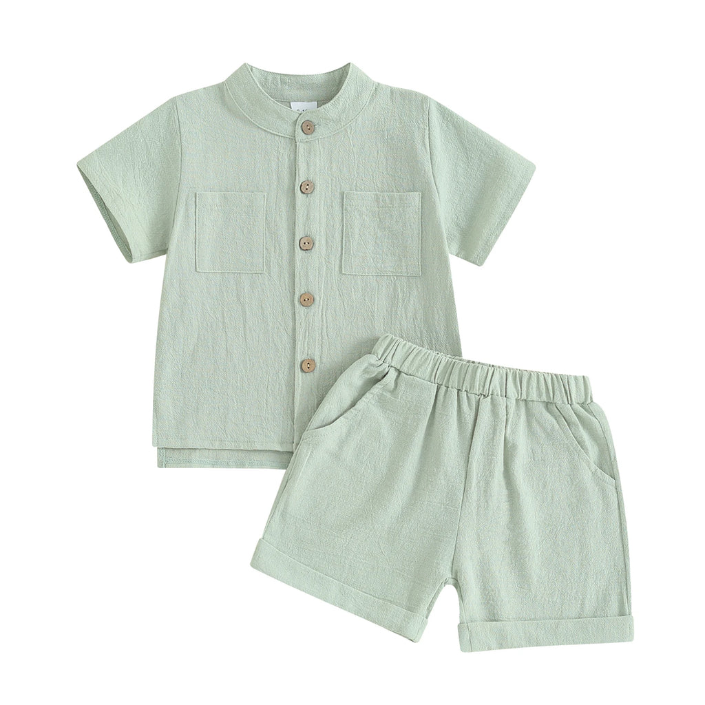 Kids Baby Boys Summer Cotton Linen Solid Short Sleeve Buttons Tops and Elastic Waist Shorts Set 2Pcs Infants Clothing