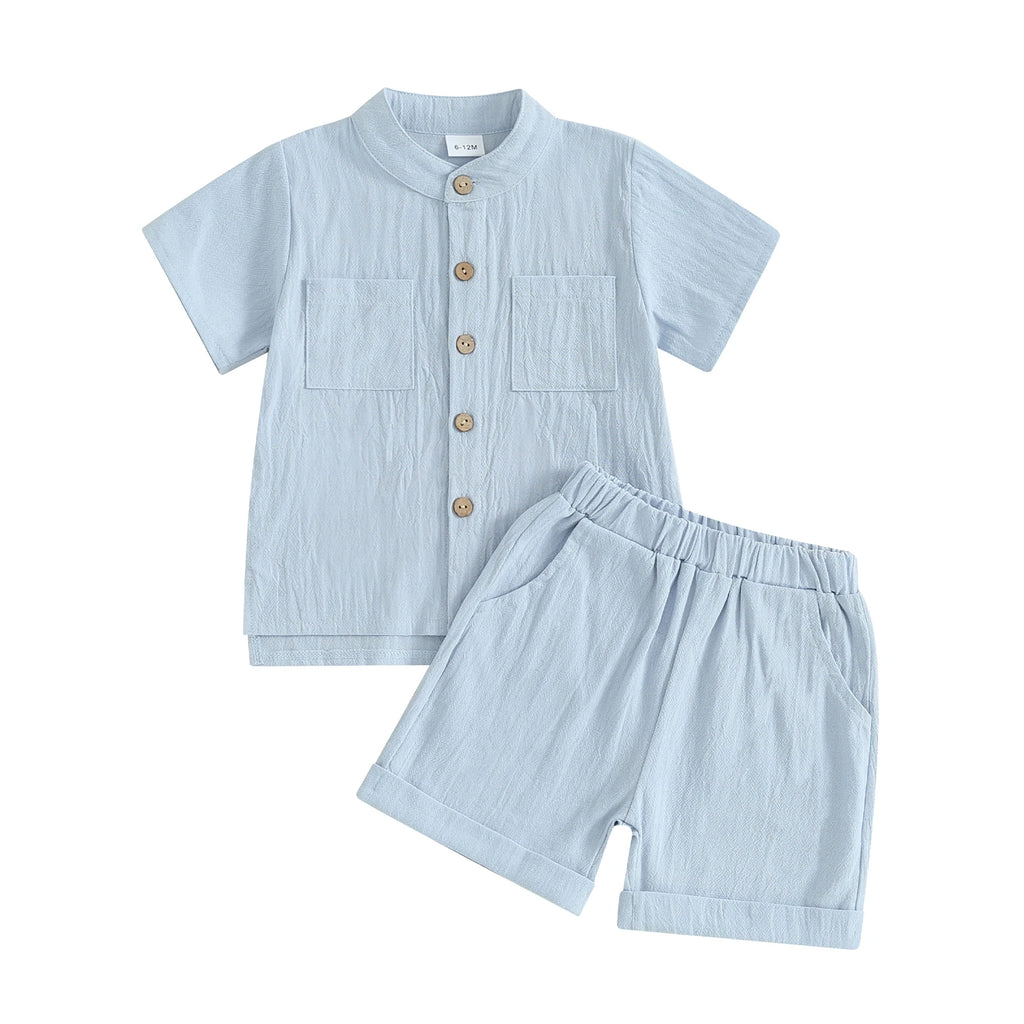 Kids Baby Boys Summer Cotton Linen Solid Short Sleeve Buttons Tops and Elastic Waist Shorts Set 2Pcs Infants Clothing