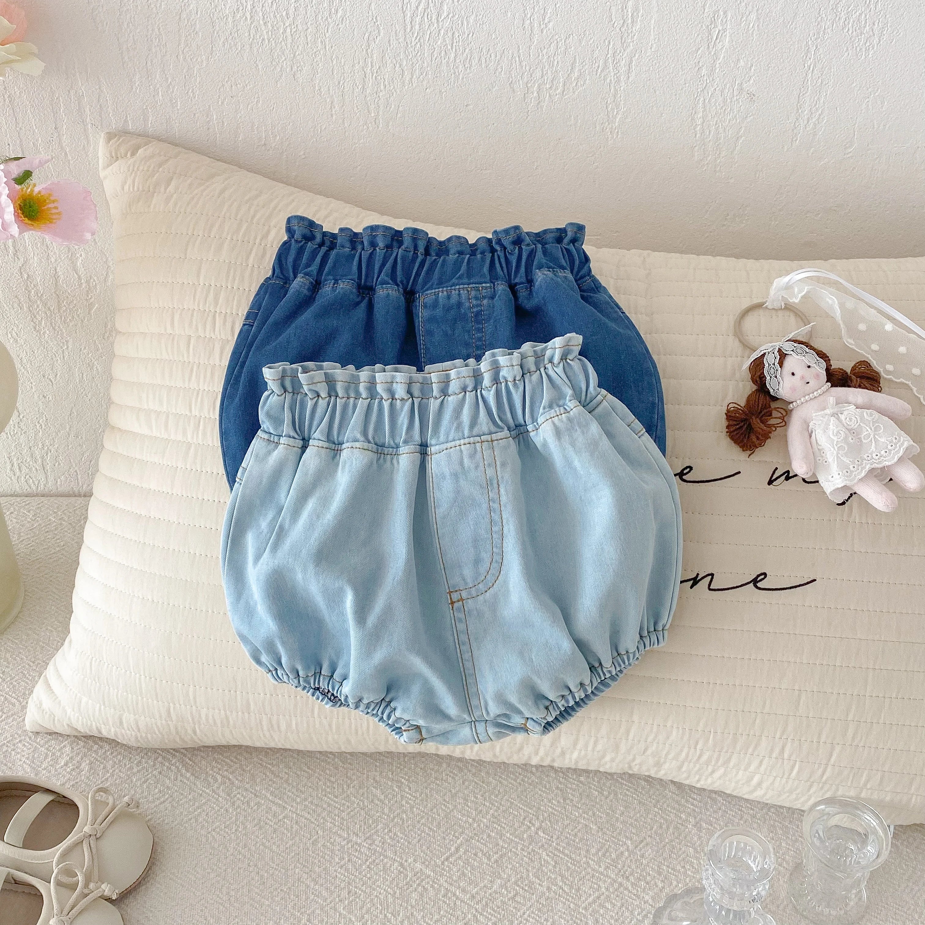 Baby Denim Bloomers Shorts Newborn Soft Cozy Cotton Toddler Boys Girls Summer Shorts Pants Ruffles Waist Kids Clothing 0-3T