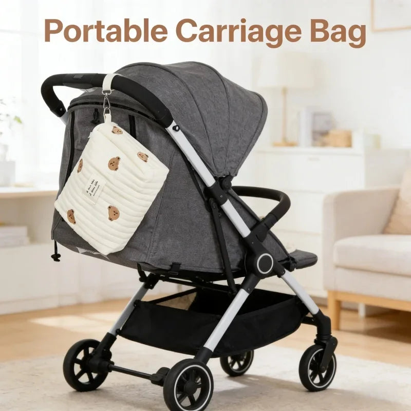 22X16X9CM Cute Bear Baby Carriage Bag Portable Diaper Storage Bag with Zipper Embroidery Easy to Clean Multifunctional Mommy Bag