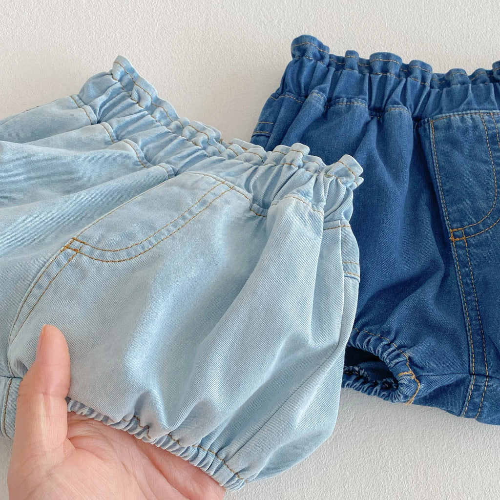 Baby Denim Bloomers Shorts Newborn Soft Cozy Cotton Toddler Boys Girls Summer Shorts Pants Ruffles Waist Kids Clothing 0-3T