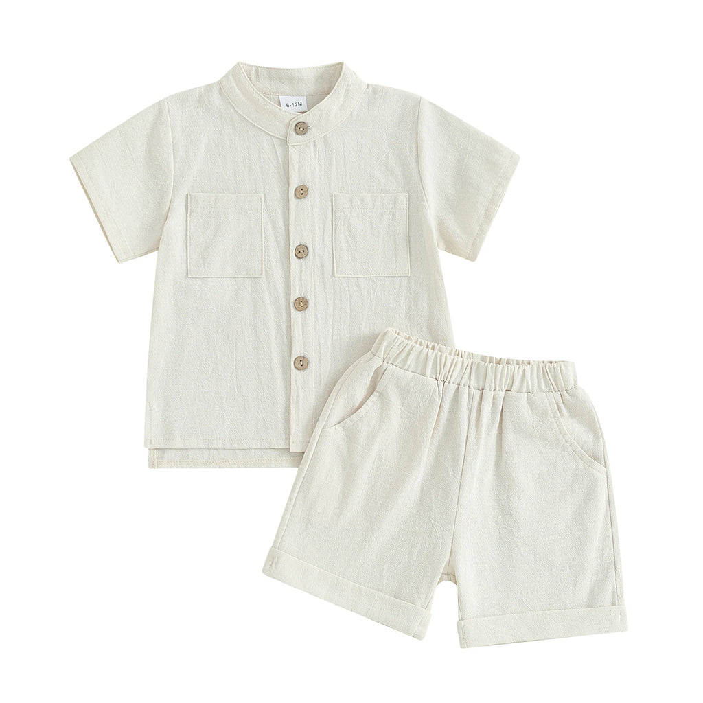 Kids Baby Boys Summer Cotton Linen Solid Short Sleeve Buttons Tops and Elastic Waist Shorts Set 2Pcs Infants Clothing