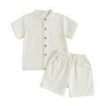 Kids Baby Boys Summer Cotton Linen Solid Short Sleeve Buttons Tops and Elastic Waist Shorts Set 2Pcs Infants Clothing