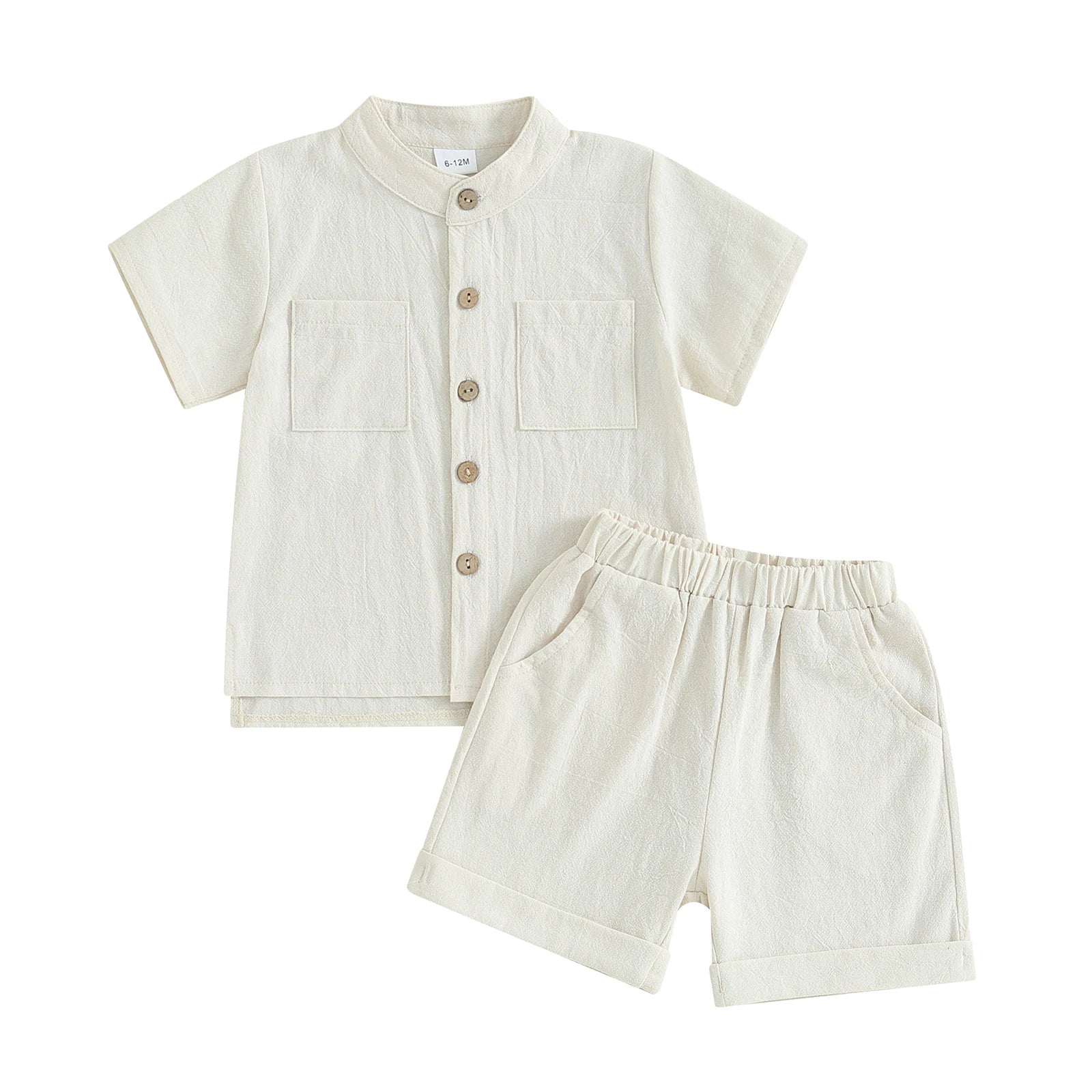 Kids Baby Boys Summer Cotton Linen Solid Short Sleeve Buttons Tops and Elastic Waist Shorts Set 2Pcs Infants Clothing